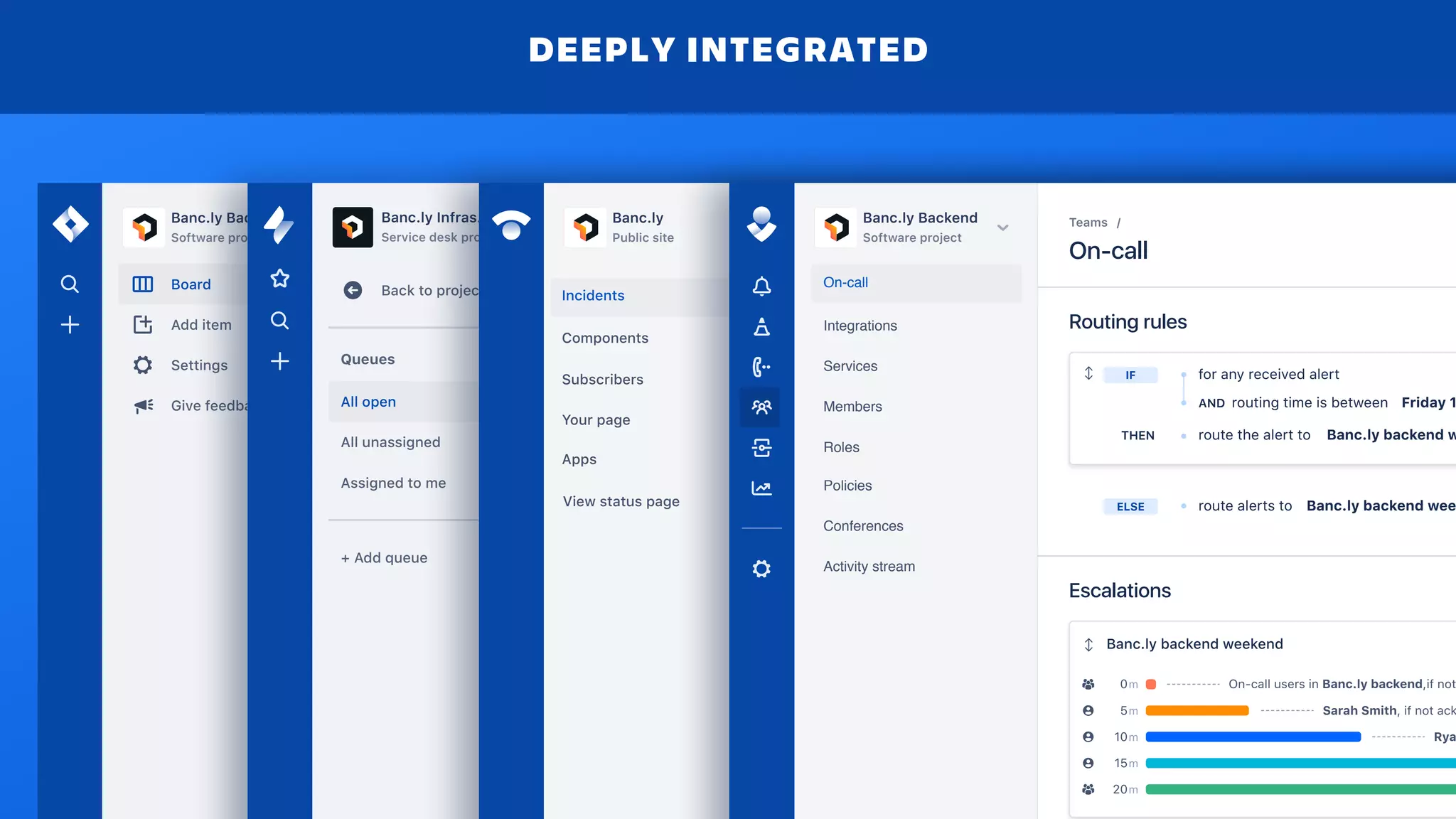 Banc.ly Backend
Software project
JH Label
Create subscription plans and
discount codes in Stripe
BBE-945
Add link to app usage (GA) in email
report
BBE-935
Force SSL on any page that contains
account info
BBE-1029 H
Add analytics to pricing page
BBE-939
IN PROGRESS 4
Apply a prorated discount to a user
when they move from a low to a
high priced tier
BBE-1021
Allow users to change between two
tiers at the same price
BBE-973
J
Add NPS feedback to email report
BBE-1004
Add NPS feedback to wallboard
BBE-961
J
Implement feedback collector
BBE-321
TO DO 29 DONE 3
Schedule weekly email report for
Monday mornings to all staff
BBE-732
Automate collection of feedback for
weekly email report
BBE-931 HJ
Install SSL certificate
HBBE-983
Board
Board
Add item
Settings
Give feedback
Dashboard
Projects
Issues
Add-on
Settings
Back to project
Queues
Banc.ly Infras…
Service desk project
All open
All unassigned
Assigned to me
+ Add queue
11
2
5
Sharon Tweed raised this request via Portal
View request in portal
Activity Show all
Sandbox environment for testing changes Status
Waiting for support
Oleg Jobbs
ASSIGNEE
Sharon Tweed
REPORTER
EC2 Linux
AWS PRODUCT
Created 8 May 2017 5:43 PM
Last updated 4 hours ago
Show more
Hi, I need this provisioned for testing my changes in staging.
Sharon Tweed 17, Dec 2017
DeleteEdit
Hey Sharon, you requested a t3.micro instance type. I would suggest a t3.small
type as it will be better suited for what you’re trying to do.
Oleg Jobbs 17, Dec 2017
DeleteEdit
Add internal note / Reply to customer
INFRA-123
CRITICAL
Incidents
Performing maintenance on our file sync systems for the entire
weekend
BEGINNING 4 OCT 2018 (01:30 PDT)
Maintenance TemplatesIncidentsOpen
Apps
Your page
Upcoming
Components
Subscribers
Incidents
View status page
Sear
SCHEDULED
CRITICAL
Performing maintenance on our file sync systems for the entire
weekend
10 MINS AGO (08:30 UTC)
Component group name - component name long lorem Short name
IN PROGRESS
2
Banc.ly
Public site
DEEPLY INTEGRATED
Escalations
Banc.ly backend weekend
0 On-call users in Banc.ly backend,if notm
5 Sarah Smith, if not ackm
10 Ryam
m15
20m
On-call
Integrations
Services
Members
Roles
Policies
Conferences
Activity stream
On-call
Routing rules
for any received alert
route the alert to
Friday 1
Banc.ly backend w
Banc.ly backend wee
routing time is betweenAND
THEN
IF
route alerts toELSE
/TeamsBanc.ly Backend
Software project
 