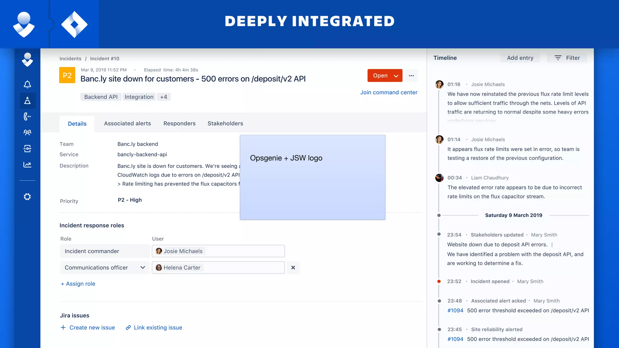 Incident #10/Incidents
Banc.ly site down for customers - 500 errors on /deposit/v2 API
Mar 9, 2019 11:52 PM
Backend API Integration +4
Elapsed time: 4h 4m 38s
P2
Associated alerts Responders StakeholdersDetails
Team Banc.ly backend
Service bancly-backend-api
Description Banc.ly site is down for customers. We’re seeing a large number of 500 errors in the
CloudWatch logs due to errors on /deposit/v2 API.
> Rate limiting has prevented the flux capacitors from receiving stream notifications.
P2 - HighPriority
FilterTimeline Add entry
Jira issues
Create new issue Link existing issue
Join command center
Open
+ Assign role
Role User
Incident response roles
Incident commander
Communications officer
Josie Michaels
Helena Carter
It appears flux rate limits were set in error, so team is
testing a restore of the previous configuration.
Josie Michaels01:14 ·
The elevated error rate appears to be due to incorrect
rate limits on the flux capacitor stream.
Liam Chaudhury00:34 ·
Saturday 9 March 2019
Mary Smith23:54 · Stakeholders updated ·
|
We have identified a problem with the deposit API, and
are working to determine a fix.
Website down due to deposit API errors.
23:45 · Site reliability alerted
500 error threshold exceeded on /deposit/v2 API#1094
500 error threshold exceeded on /deposit/v2 API#1094
Mary Smith23:48 · Associated alert acked ·
Mary Smith23:52 · Incident opened ·
We have now reinstated the previous flux rate limit levels
to allow sufficient traffic through the nets. Levels of API
traffic are returning to normal despite some heavy errors
underlying services.
Josie Michaels01:16 ·
DEEPLY INTEGRATED
Opsgenie + JSW logo
 