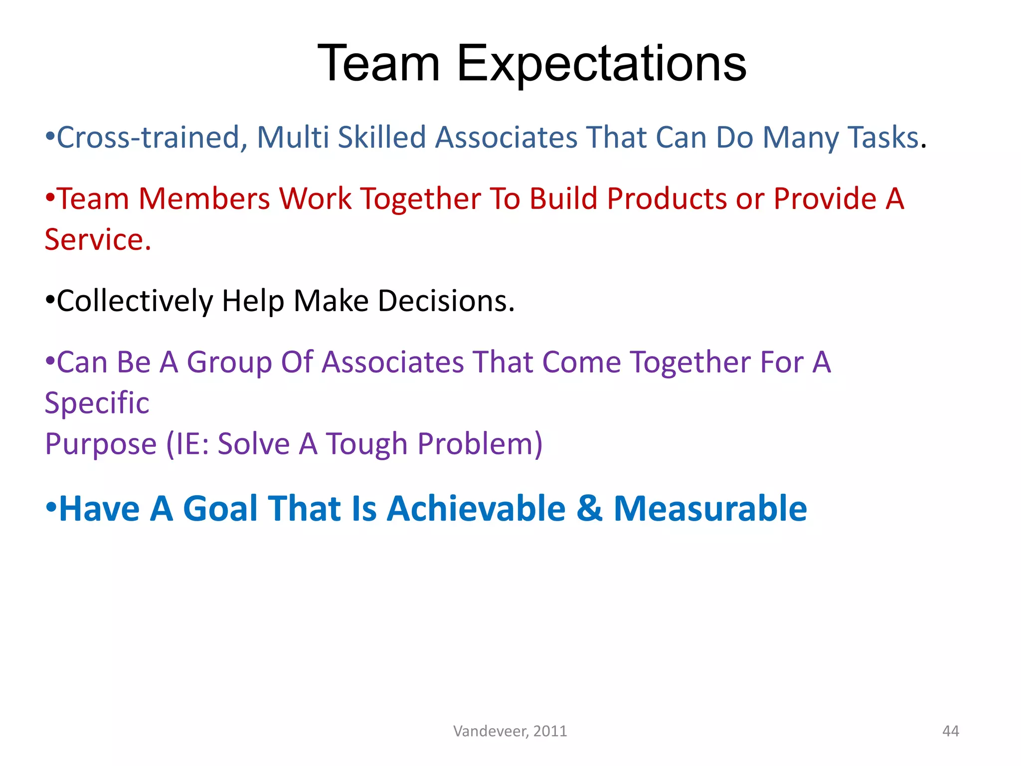 Team Expectations
•Cross-trained, Multi Skilled Associates That Can Do Many Tasks.
•Team Members Work Together To Build Products or Provide A
Service.
•Collectively Help Make Decisions.
•Can Be A Group Of Associates That Come Together For A
Specific
Purpose (IE: Solve A Tough Problem)
•Have A Goal That Is Achievable & Measurable
44Vandeveer, 2011
 