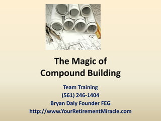 The Magic of
Compound Building
Team Training
(561) 246-1404
Bryan Daly Founder FEG
http://www.YourRetirementMiracle.com
 