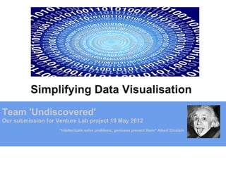 Simplifying Data Visualisation
Team 'Undiscovered'
Our submission for Venture Lab project 19 May 2012
                    "Intellectuals solve problems; geniuses prevent them" Albert Einstein
 