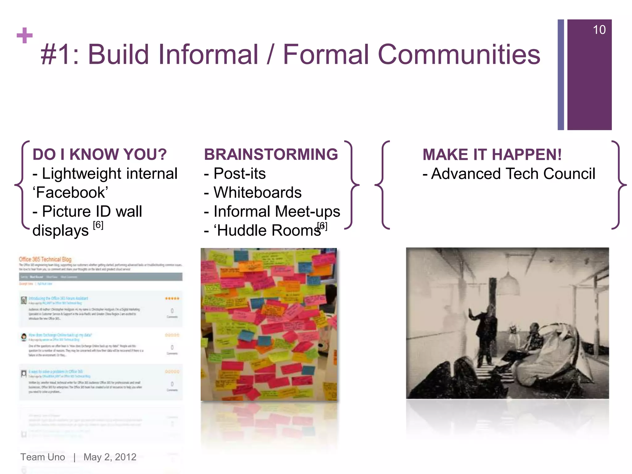 +                                                                      10

    #1: Build Informal / Formal Communities


  DO I KNOW YOU?           BRAINSTORMING         MAKE IT HAPPEN!
  - Lightweight internal   - Post-its            - Advanced Tech Council
  „Facebook‟               - Whiteboards
  - Picture ID wall        - Informal Meet-ups
  displays [6]             - „Huddle Rooms‟[6]




Team Uno | May 2, 2012
 