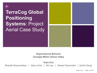 +
TerraCog Global
Positioning
Systems: Project
Aerial Case Study



                          Organizational Behavior
                        Carnegie Mellon Silicon Valley

                                  Team Uno                                             1
Bharathi Swaminathan | Garry Chan | MJ Lee | Shekar Pasumarthi | Surbhi Dangi

                                                              Team Uno | May 2, 2012
 