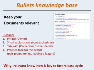 Bullets knowledge base
 Keep your
 Documents relevant

Guidance:
1. Phrase (Owner)
2. Small explanation about each phrase
3. Talk with (Owner) for further details
4. Practice to learn the details
   (pair-programming, leading a feature)


Why: relevant know-how is key to fast release cycle
 