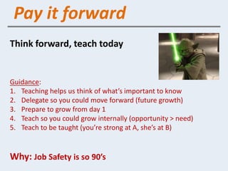 Pay it forward
Think forward, teach today


Guidance:
1. Teaching helps us think of what’s important to know
2. Delegate so you could move forward (future growth)
3. Prepare to grow from day 1
4. Teach so you could grow internally (opportunity > need)
5. Teach to be taught (you’re strong at A, she’s at B)


Why: Job Safety is so 90’s
 