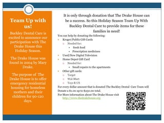 It is only through donation that The Drake House can
Team Up with                   be a success. So this Holiday Season Team Up With
    us!                            Buckley Dental Care to provide items for these
                                                 families in need!
 Buckley Dental Care is
                          You can help by donating the following:
excited to announce our      Kroger/Publix Gift Cards
 participation with The          Needed for:
   Drake House this                 fresh food
    Holiday Season.                 Prescription medicines
                             Used/New Digital Television
 The Drake House was         Home Depot Gift Card
found in 2004 by Mary            Needed for:
        Drake.                      Small repairs to the apartments
                             Other gift cards:
  The purpose of The             Target
Drake House is to offer          Wal-Mart
emergency residential            Toys R US
 housing for homeless     For every dollar amount that is donated The Buckley Dental Care Team will
                          Donate a $1.00 up to $250.00 total.
   mothers and their
                          For More information about The Drake House visit
  children for 90-120         http://www.thedrakehouse.org
         days.
 