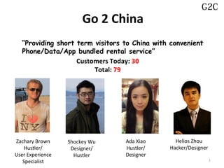 G2C
                       Go 2 China
  “Providing short term visitors to China with convenient
  Phone/Data/App bundled rental service”
                   Customers Today: 30
                        Total: 79




Zachary Brown     Shockey Wu     Ada Xiao       Helios Zhou
    Hustler/       Designer/     Hustler/     Hacker/Designer
User Experience     Hustler      Designer
   Specialist                                                   1
 