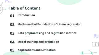 Mathematical Foundation of Linear regression
01 Introduction
Model training and evaluation
Table of Content
03
02
04
Data preprocessing and regression metrics
05 Applications and Limitation
 