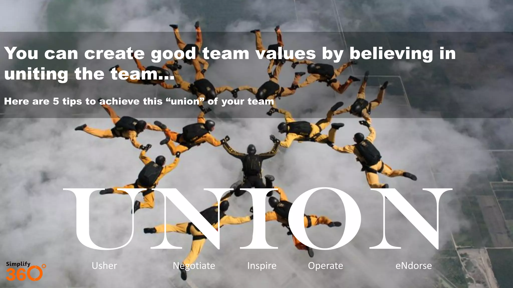 UnionUsher Negotiate Inspire Operate eNdorse
You can create good team values by believing in
uniting the team…
Here are 5 tips to achieve this “union” of your team
 