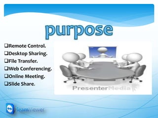 Remote Control.
Desktop Sharing.
File Transfer.
Web Conferencing.
Online Meeting.
Slide Share.