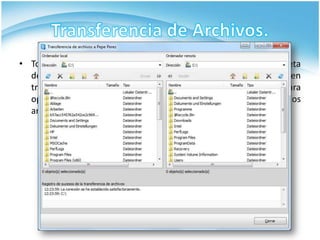 • Todas las versiones de TeamViewer contienen una función completa
  de transferencia de archivos mediante la cual también pueden
  transferirse carpetas y estructuras de directorios completas. Para
  optimizar la velocidad, se comprimen automáticamente todos los
  archivos antes de la transmisión.
 