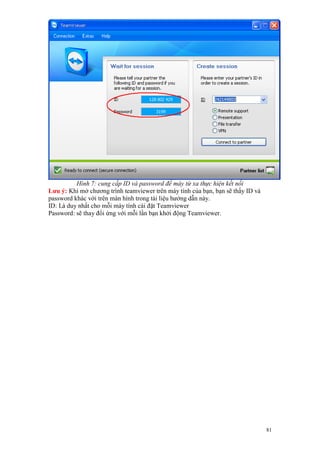 Hình 7: cung cấp ID và password để máy từ xa thực hiện kết nối
Lưu ý: Khi mở chương trình teamviewer trên máy tính của bạn, bạn sẽ thấy ID và
password khác với trên màn hình trong tài liệu hướng dẫn này.
ID: Là duy nhất cho mỗi máy tính cài đặt Teamviewer
Password: sẽ thay đổi ứng với mỗi lần bạn khởi động Teamviewer.




                                                                                 81
 