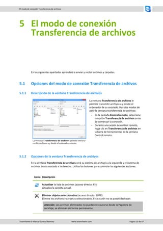 TeamViewer 9 Manual Control Remoto www.teamviewer.com Página 19 de 87 
El modo de conexión Transferencia de archivos 
5 El modo de conexión Transferencia de archivos 
En los siguientes apartados aprenderá a enviar y recibir archivos y carpetas. 
5.1 Opciones del modo de conexión Transferencia de archivos 
5.1.1 Descripción de la ventana Transferencia de archivos 
La ventana Transferencia de archivos permite enviar y recibir archivos a y desde el ordenador remoto. 
La ventana Transferencia de archivos le permite transmitir archivos a y desde el ordenador de su asociado. Hay dos modos de abrir la ventana transferencia de archivos: 
 En la pestaña Control remoto, seleccione la opción Transferencia de archivos antes de comenzar la conexión. 
 Durante una sesión de control remoto, haga clic en Transferencia de archivos en la barra de herramientas de la ventana Control remoto. 
5.1.2 Opciones de la ventana Transferencia de archivos 
En la ventana Transferencia de archivos verá su sistema de archivos a la izquierda y el sistema de archivos de su asociado a la derecha. Utilice los botones para controlar las siguientes acciones: 
Icono 
Descripción 
Actualizar la lista de archivos (acceso directo: F5): actualiza la carpeta actual. 
Eliminar objetos seleccionados (acceso directo: SUPR): Elimina los archivos y carpetas seleccionados. Esta acción no se puede deshacer. Atención: Los archivos eliminados no pueden restaurarse desde la Papelera de reciclaje; se eliminan de forma permanente. 
 