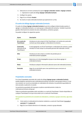 TeamViewer 9 Manual Control Remoto www.teamviewer.com Página 35 de 87 
Ordenadores & contactos: gestión de contactos 
3. Seleccione en el menú contextual la opción Agregar ordenador remoto o Agregar contacto. 
 Aparecerá el cuadro de diálogo Agregar ordenador/contacto. 
4. Configure los ajustes. 
5. Haga clic en el botón Aceptar. 
6. Se creará un nuevo ordenador/contacto que aparecerá en su lista. 
El cuadro de diálogo Agregar ordenador/contacto 
El cuadro de diálogo Agregar ordenador/contacto le permite configurar determinados ajustes al agregar un ordenador/contacto o un nuevo grupo a ordenadores & contactos. También le permite guardar información de conexión de varios ordenadores, contactos y grupos. 
Se pueden configurar los siguientes ajustes: 
Ajuste 
Descripción 
ID o cuenta de TeamViewer 
Introduzca en este campo la ID de TeamViewer o el nombre de cuenta del contacto que desea agregar a ordenadores & contactos. 
Contraseña (solo para ID de TeamViewer) 
Si está agregando una ID de TeamViewer a ordenadores & contactos, puede introducir en este campo la contraseña personal del ordenador remoto. 
Alias 
Introduzca en este campo un nombre de pantalla para el ordenador/contacto agregado. 
Grupo 
Seleccione en la lista desplegable el grupo al que desea agregar al ordenador/contacto. 
Notas 
Introduzca cualquier información adicional acerca del ordenador/contacto. 
Avanzado 
Haga clic en este botón para crear parámetros para conectarse al ordenador/contacto. 
Propiedades avanzadas 
En al área Propiedades avanzadas del cuadro de diálogo Agregar grupo u ordenador/contacto puede establecer parámetros para ordenadores/contactos concretos o para grupos enteros. Si crea una conexión con uno de sus asociados en ordenadores & contactos, los parámetros guardados de este asociado se aplicarán a la sesión. 
Los parámetros guardados de los grupos se aplican automáticamente a todos los ordenadores/contactos del grupo. 
Todos los parámetros guardados están asociados a su cuenta de TeamViewer. Estarán disponibles en cualquier TeamViewer en el que inicie sesión con su cuenta de TeamViewer. 
Para guardar los parámetros de conexión de ordenadores, contactos o grupos concretos, siga estos pasos: 
1. Inicie sesión en ordenadores & contactos mediante su cuenta de TeamViewer (consulte el apartado 8.1.3, página 29). 
2. Haga clic con el botón derecho en el ordenador, contacto o grupo deseado.  