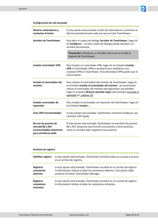 TeamViewer 9 Manual Control Remoto www.teamviewer.com Página 86 de 87 
Opciones 
Configuración de red avanzada 
Mostrar ordenadores y contactos al iniciar 
Si esta opción está activada, la lista de ordenadores y contactos se abrirá automáticamente cada vez que se inicie TeamViewer. 
Servidor de TeamViewer 
Para abrir el cuadro de diálogo Servidor de TeamViewer, haga clic en Configurar... En este cuadro de diálogo puede introducir un servidor permanente. Precaución: Introduzca un servidor solo si así se lo pide el Soporte de TeamViewer. 
Instalar controlador VPN 
Para instalar un controlador VPN, haga clic en el botón Instalar VPN. El controlador VPN es necesario para establecer una conexión VPN en TeamViewer. Para desinstalar VPN puede usar el mismo botón. 
Instalar el controlador del monitor 
Para instalar el controlador del monitor de TeamViewer, haga clic en el botón Instalar el controlador del monitor . Se recomienda utilizar el controlador del monitor para garantizar una pantalla negra si la opción Mostrar pantalla negra está activada (consulte el apartado 4.1, página 12). 
Instalar controlador de impresión 
Para instalar el controlador de impresión de TeamViewer, haga clic en el botón Instalar.... 
Usar UDP (recomendado) 
Si esta opción está activada, TeamViewer intentará configurar una conexión UDP rápida. 
No use los puertos de entrada 80 y 443 (recomendados solamente para servidores web) 
Si esta opción está activada, TeamViewer no atenderá los puertos 80 y 443. Desactive esta función únicamente si otros servicios, como un servidor web, requieren esos puertos. 
Archivos de registro 
Habilitar registro 
Si esta opción está activada, TeamViewer escribirá todos los sucesos y errores en un archivo de registro. 
Registrar conexiones salientes 
Si esta opción está activada, TeamViewer escribirá en un archivo de registro la información relativa a todas las conexiones salientes. Esta opción debe activarse al utilizar TeamViewer Manager. 
Registrar conexiones entrantes 
Si esta opción está activada, TeamViewer escribirá en un archivo de registro la información relativa a todas las conexiones entrantes. 
 