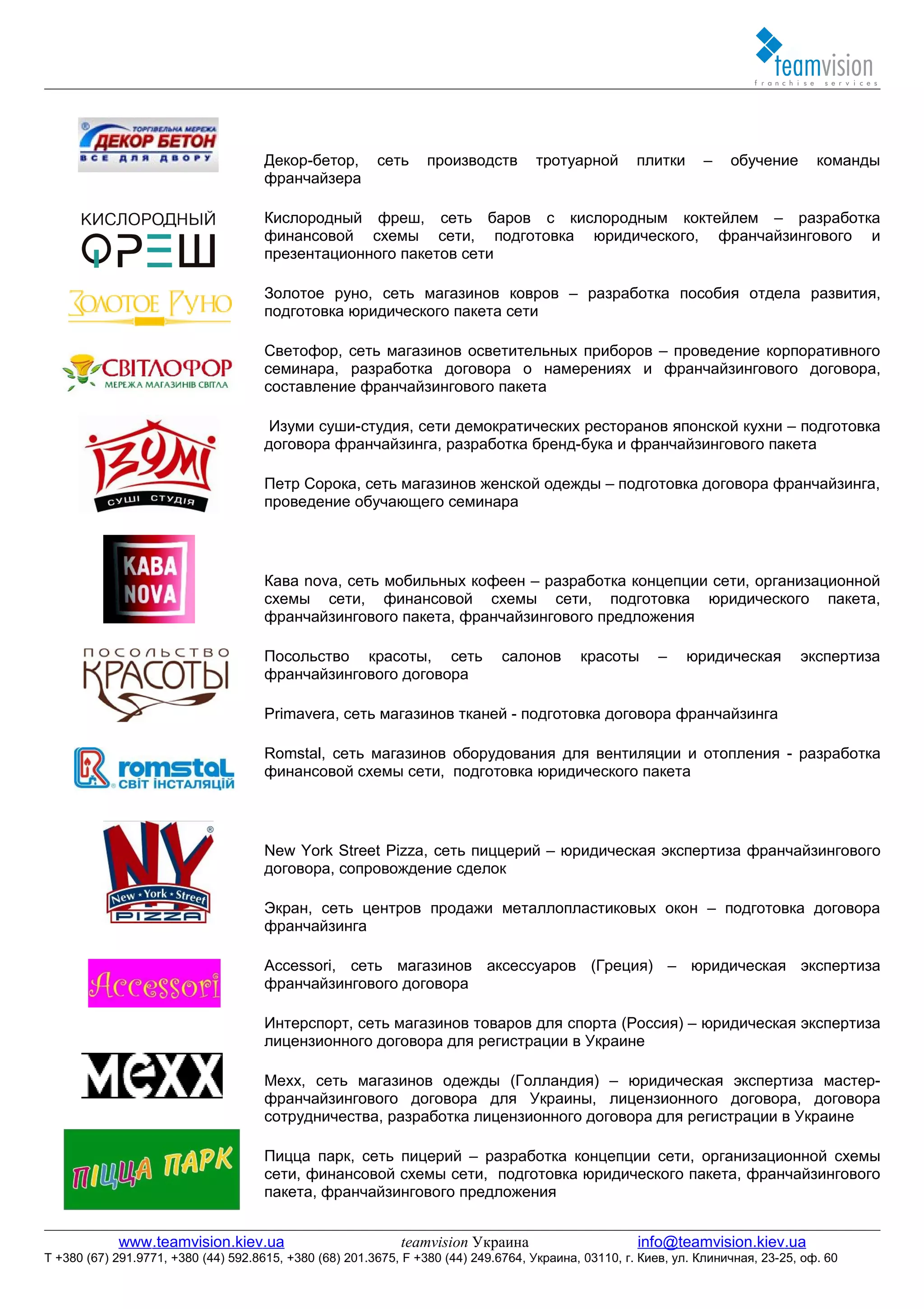 Декор-бетор,        сеть     производств       тротуарной        плитки     –    обучение       команды
                                     франчайзера

                                     Кислородный фреш, сеть баров с кислородным коктейлем – разработка
                                     финансовой схемы сети, подготовка юридического, франчайзингового и
                                     презентационного пакетов сети

                                     Золотое руно, сеть магазинов ковров – разработка пособия отдела развития,
                                     подготовка юридического пакета сети

                                     Светофор, сеть магазинов осветительных приборов – проведение корпоративного
                                     семинара, разработка договора о намерениях и франчайзингового договора,
                                     составление франчайзингового пакета

                                      Изуми суши-студия, сети демократических ресторанов японской кухни – подготовка
                                     договора франчайзинга, разработка бренд-бука и франчайзингового пакета

                                     Петр Сорока, сеть магазинов женской одежды – подготовка договора франчайзинга,
                                     проведение обучающего семинара




                                     Кава nova, сеть мобильных кофеен – разработка концепции сети, организационной
                                     схемы сети, финансовой схемы сети, подготовка юридического пакета,
                                     франчайзингового пакета, франчайзингового предложения

                                     Посольство красоты, сеть                 салонов       красоты       –    юридическая        экспертиза
                                     франчайзингового договора

                                     Primavera, сеть магазинов тканей - подготовка договора франчайзинга

                                     Romstal, сеть магазинов оборудования для вентиляции и отопления - разработка
                                     финансовой схемы сети, подготовка юридического пакета




                                     New York Street Pizza, сеть пиццерий – юридическая экспертиза франчайзингового
                                     договора, сопровождение сделок

                                     Экран, сеть центров продажи металлопластиковых окон – подготовка договора
                                     франчайзинга

                                     Accessori, сеть магазинов аксессуаров (Греция) – юридическая экспертиза
                                     франчайзингового договора

                                     Интерспорт, сеть магазинов товаров для спорта (Россия) – юридическая экспертиза
                                     лицензионного договора для регистрации в Украине

                                     Mexx, сеть магазинов одежды (Голландия) – юридическая экспертиза мастер-
                                     франчайзингового договора для Украины, лицензионного договора, договора
                                     сотрудничества, разработка лицензионного договора для регистрации в Украине

                                     Пицца парк, сеть пицерий – разработка концепции сети, организационной схемы
                                     сети, финансовой схемы сети, подготовка юридического пакета, франчайзингового
                                     пакета, франчайзингового предложения


            www.teamvision.kiev.ua                           teamvision Украина                       info@teamvision.kiev.ua
T +380 (67) 291.9771, +380 (44) 592.8615, +380 (68) 201.3675, F +380 (44) 249.6764, Украина, 03110, г. Киев, ул. Клиничная, 23-25, оф. 60
 