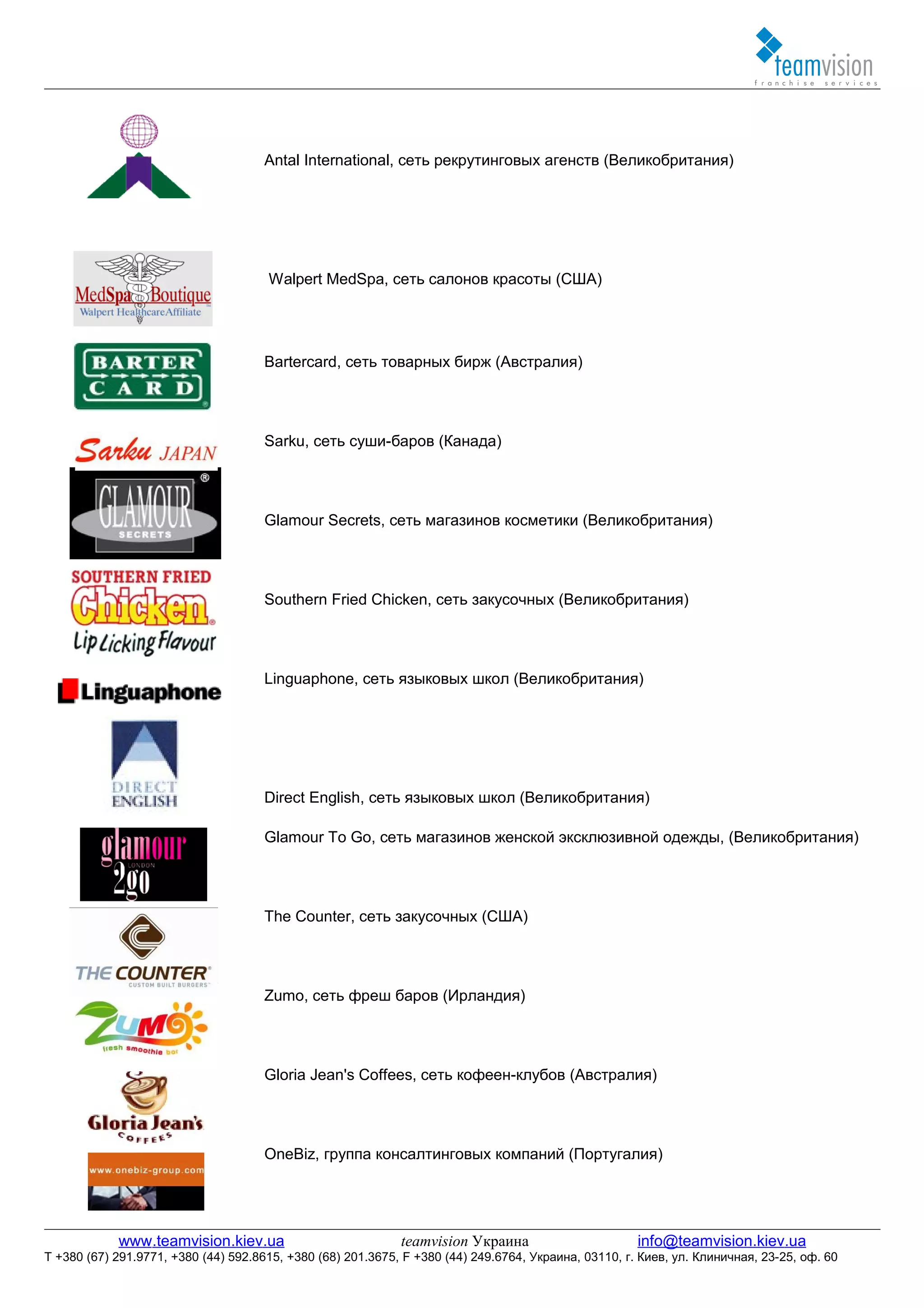 Antal International, сеть рекрутинговых агенств (Великобритания)




                                      Walpert MedSpa, сеть салонов красоты (США)




                                     Bartercard, сеть товарных бирж (Австралия)




                                     Sarku, сеть суши-баров (Канада)




                                     Glamour Secrets, сеть магазинов косметики (Великобритания)




                                     Southern Fried Chicken, сеть закусочных (Великобритания)




                                     Linguaphone, сеть языковых школ (Великобритания)




                                     Direct English, сеть языковых школ (Великобритания)

                                     Glamour To Go, сеть магазинов женской эксклюзивной одежды, (Великобритания)




                                     The Counter, сеть закусочных (США)




                                     Zumo, сеть фреш баров (Ирландия)




                                     Gloria Jean's Coffees, сеть кофеен-клубов (Австралия)




                                     OneBiz, группа консалтинговых компаний (Португалия)




            www.teamvision.kiev.ua                           teamvision Украина                       info@teamvision.kiev.ua
T +380 (67) 291.9771, +380 (44) 592.8615, +380 (68) 201.3675, F +380 (44) 249.6764, Украина, 03110, г. Киев, ул. Клиничная, 23-25, оф. 60
 