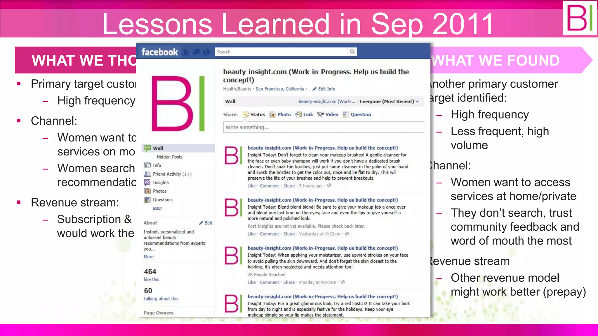 Lessons Learned in Sep 2011
  WHAT WE THOUGHT                        WHAT WE DID                    WHAT WE FOUND
 Primary target customers are:    Validated hypothesis through:     Another primary customer
    ‒ High frequency                  ‒ 40 customer interviews         target identified:
                                      ‒ Beta customer onboarding         ‒ High frequency
 Channel:
                                      ‒ >5 expert interviews (i.e.       ‒ Less frequent, high
   ‒ Women want to access
                                         Google, Bare Essentials,           volume
      services on mobile
                                         Smashbox)                    Channel:
   ‒ Women search for beauty
      recommendations              Promotion to drive traffic:         ‒ Women want to access
                                      ‒ Daily beauty tips on               services at home/private
 Revenue stream:
                                        Facebook page                   ‒ They don‟t search, trust
   ‒ Subscription & Pay-per-use
                                                                           community feedback and
      would work the best
                                                                           word of mouth the most
                                                                      Revenue stream
                                                                        ‒ Other revenue model
                                                                           might work better (prepay)
 