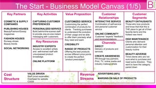 The Start - Business Model Canvas (1/5)
  Key Partners                   Key Activities              Value Proposition                    Customer                        Customer
                                                                                                 Relationships                    Segments
COSMETIC & SUPPLY            CAPTURING CUSTOMER              CUSTOMIZED SERVICE              INTERACTIVE SERVICE           BEAUTY ENTHUSIASTS
COMPANIES                    PREFERENCES                     Customizing the perfect         Combination of self-service   Those who love products
                                                             combination of products for     and personal customer         and know that that this is
PUBLISHING HOUSES            PERSONALIZED SERVICE            clients. Tracking purchases     service                       THE place to get all of their
Beauty/Fashion/Gossip        Build behind-the-scenes staff   to understand the evolution                                   favorite items and the
magazines                    to provide one-on-one instant   of their usage and be able      ONLINE COMMUNITY              hottest new trend
                             messaging with customers.       to offer them precisely what    Customer “experts” feedback
FASHION HOUSES                                                                               and recommendations           HIGH MAINTENANCE
                                                             they need and want.
Runway shows                    Key Resources                                                       Channels               Clients who demand
Beauty trends                                                CREDIBILITY                                                   personal attention and
                             INDUSTRY EXPERTS                                                DIRECT                        customization for their
SOCIAL NETWORKING            Access to excellent artists     RANGE OF PRODUCTS               Delivery of products and      beauty routine
                             and well-trained staff with     Offering the best products      services
                             unsurpassed product             across different price points                                 BEAUTY ADVERSE
                             knowledge.                      to create the perfect           CREATE AWARENESS              Timid clients who are not
                                                             “product prescription”          PR through key partners.      sure what to purchase and
                             ONLINE PLATFORM                                                 Print, TV, online media and   need some direction. They
                                                                                             industry makeup artists       want to have the category
                                                                                                                           paired down


                        VALUE DRIVEN                                         Revenue           ADVERTISING (60%)
Cost                    Staff (most expensive)
Structure               Overhead for website                                 Streams           MARGINS ON SALE OF PRODUCTS
                        COGS
 