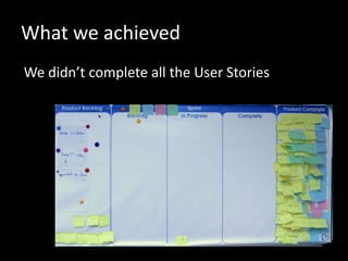 What we achieved
We didn’t complete all the User Stories
 