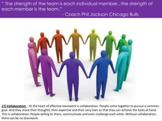 “ The strength of the team is each individual member...the strength of
each member is the team.”
                         ...