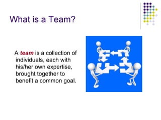 What is a Team? A  team  is a collection of individuals, each with his/her own expertise, brought together to benefit a common goal. 