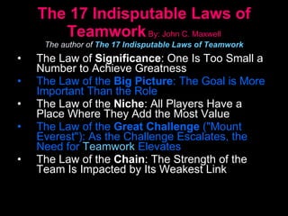 The 17 Indisputable Laws of Teamwork  By: John C. Maxwell The author of  T he 17 Indisputable Laws of Teamwork The Law of  Significance : One Is Too Small a Number to Achieve Greatness     The Law of the  Big Picture : The Goal is More Important Than the Role  The Law of the  Niche : All Players Have a Place Where They Add the Most Value  The Law of the  Great Challenge  ("Mount Everest"): As the Challenge Escalates, the   Need for  Teamwork  Elevates   The Law of the  Chain : The Strength of the Team Is Impacted by Its Weakest Link  