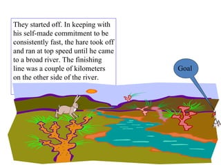 They started off. In keeping with his self-made commitment to be consistently fast, the hare took off and ran at top speed until he came to a broad river. The finishing line was a couple of kilometers on the other side of the river.  Goal 