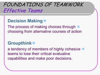 FOUNDATIONS OF TEAMWORK
Effective Teams
 Decision Making 
 The process of making choices through 
 choosing from alternative courses of action


 Groupthink 
 a tendency of members of highly cohesive 
 teams to lose their critical evaluative
 capabilities and make poor decisions.
 