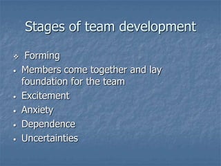 Stages of team development

    Forming
•   Members come together and lay
    foundation for the team
•   Excitement
•   Anxiety
•   Dependence
•   Uncertainties
 