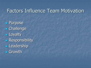 Factors Influence Team Motivation

   Purpose
   Challenge
   Loyalty
   Responsibility
   Leadership
   Growth
 