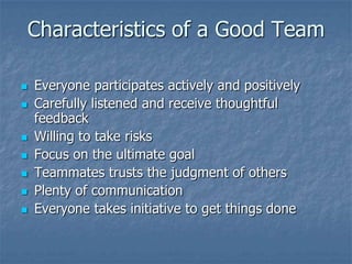 Characteristics of a Good Team

   Everyone participates actively and positively
   Carefully listened and receive thoughtful
    feedback
   Willing to take risks
   Focus on the ultimate goal
   Teammates trusts the judgment of others
   Plenty of communication
   Everyone takes initiative to get things done
 