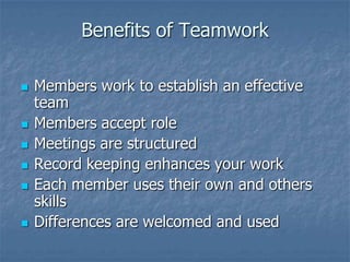 Benefits of Teamwork

   Members work to establish an effective
    team
   Members accept role
   Meetings are structured
   Record keeping enhances your work
   Each member uses their own and others
    skills
   Differences are welcomed and used
 