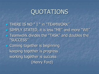 QUOTATIONS
   THERE IS NO “ I “ in “TEAMWORK”
   SIMPLY STATED, it is less “ME” and more “WE”
   Teamwork divides the “TASK” and doubles the
    “SUCCESS”
   Coming together is beginning
    keeping together is progress
    working together is success
                (Henry Ford)
 