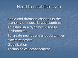 Need to establish team

   Rapid and dramatic changes in the
    economy of industrialized countries
   To establish a dynamic business
    environment
   To create new business opportunities
   Maximize profits
   Globalization
   Technological advancement
 