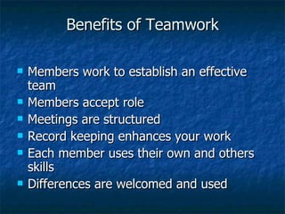Benefits of Teamwork <ul><li>Members work to establish an effective team </li></ul><ul><li>Members accept role </li></ul><...