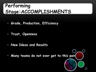Performing
Stage:ACCOMPLISHMENTS

• Grade, Production, Efficiency


• Trust, Openness


• New Ideas and Results


• Many teams do not ever get to this point.
 