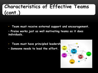 Characteristics of Effective Teams
(cont.)

 • Team must receive external support and encouragement.
 – Praise works just as well motivating teams as it does
 individuals.


 • Team must have principled leadership.
 – Someone needs to lead the effort.
 