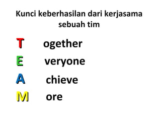 Kunci keberhasilan dari kerjasama
sebuah tim
TT
EE
AA
MM
ogether
veryone
chieve
ore
 