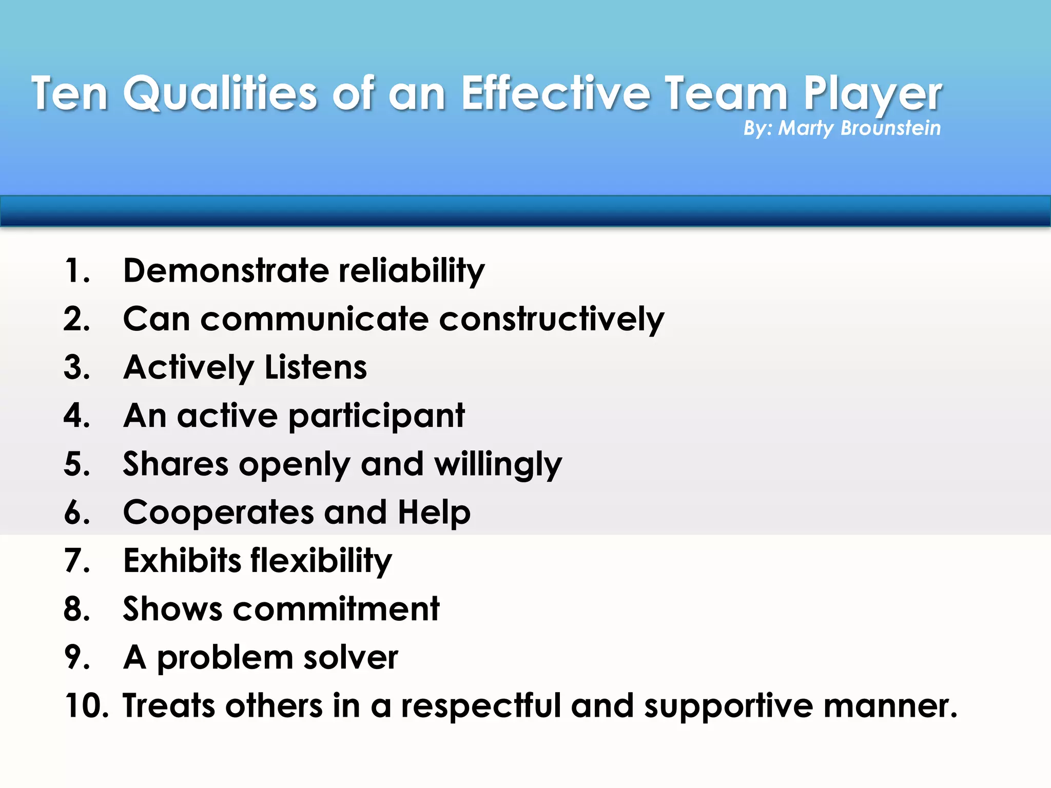 Ten Qualities of an Effective Team Player
By: Marty Brounstein

1.
2.
3.
4.
5.
6.
7.
8.
9.
10.

Demonstrate reliability
Can communicate constructively
Actively Listens
An active participant
Shares openly and willingly
Cooperates and Help
Exhibits flexibility
Shows commitment
A problem solver
Treats others in a respectful and supportive manner.

 