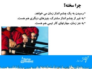 ‫چرا سخته؟‬
‫• رسیدن به یک چشم انداز زمان می خواهد.‬
‫• به غیر از چشم انداز مشترک، چیزهای دیگری هم هست.‬
‫• به جز زمان، مهارتهای کار تیمی هم هست.‬

‫گروه نهال‬
‫‪M. Samimi‬‬

 
