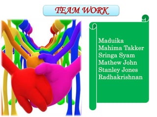 TEAM WORK 
Maduika 
Mahima Takker 
Sringa Syam 
Mathew John 
Stanley Jones 
Radhakrishnan 
 