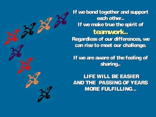If webond together and supportIf webond together and support
each other..each other..
If wemaketruethespirit ofIf wemaketruethespirit of
teamwork..teamwork..
Regardlessof our differences, weRegardlessof our differences, we
can riseto meet our challenge.can riseto meet our challenge.
If weareawareof thefeeling ofIf weareawareof thefeeling of
sharing..sharing..
LIFE WILL BE EASIERLIFE WILL BE EASIER
AND THE PASSINGOF YEARSAND THE PASSINGOF YEARS
MORE FULFILLING..MORE FULFILLING..
 