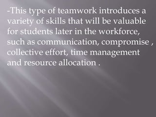 -This type of teamwork introduces a
variety of skills that will be valuable
for students later in the workforce,
such as communication, compromise ,
collective effort, time management
and resource allocation .
 