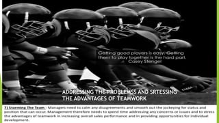 ADDRESSING THE PROBLEMSS AND SRTESSING
THE ADVANTAGES OF TEAMWORK
 