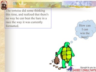The tortoise did some thinking
this time, and realized that there's
no way he can beat the hare in a
race the way it was currently
formatted. How can
I can
win the
hare?
 