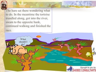 The hare sat there wondering what
to do. In the meantime the tortoise
trundled along, got into the river,
swam to the opposite bank,
continued walking and finished the
race.
What
should I
do?
 