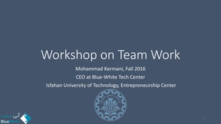 Workshop on Team Work
Mohammad Kermani, Fall 2016
CEO at Blue-White Tech Center
Isfahan University of Technology, Entrepreneurship Center
1
 