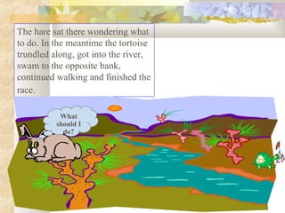 The hare sat there wondering what
to do. In the meantime the tortoise
trundled along, got into the river,
swam to the opposite bank,
continued walking and finished the
race.
What
should I
do?
 