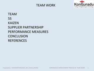 TEAM WORK
TEAM
5S
KAIZEN
SUPPLIER PARTNERSHIP
PERFORMANCE MEASURES
CONCLUSION
REFERENCES
Prepared by: PURUSHOTHAMAN.R.,M.E.,M.B.A,AP/EEE CONTINUOUS IMPROVEMENT PROCESS & TEAM WORK 1
 